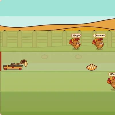Pie Launcher gameplay: a pie cart on the left serves pies down four farm lanes to sneaking turkeys