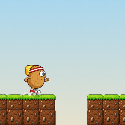 Gary the Potato gameplay: Gary in his striped headband runs across grassy dirt blocks