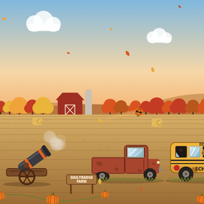 Pumpkin Cannon gameplay: the cannon fires a pumpkin across the farm field toward the old school bus
