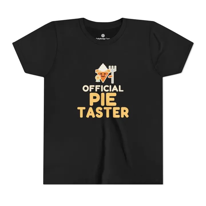 Kids' Official Pie Taster youth tee in black with a slice of pie