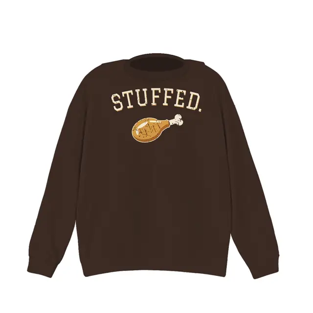 STUFFED. crewneck sweatshirt in dark chocolate with a golden roast drumstick