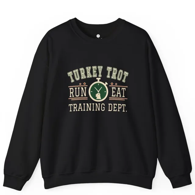 Turkey Trot Run Eat Training Dept. crewneck sweatshirt in black with retro lettering and a stopwatch