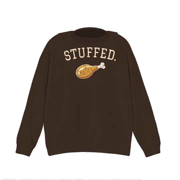 Men's STUFFED. crewneck sweatshirt in dark chocolate with a golden roast drumstick