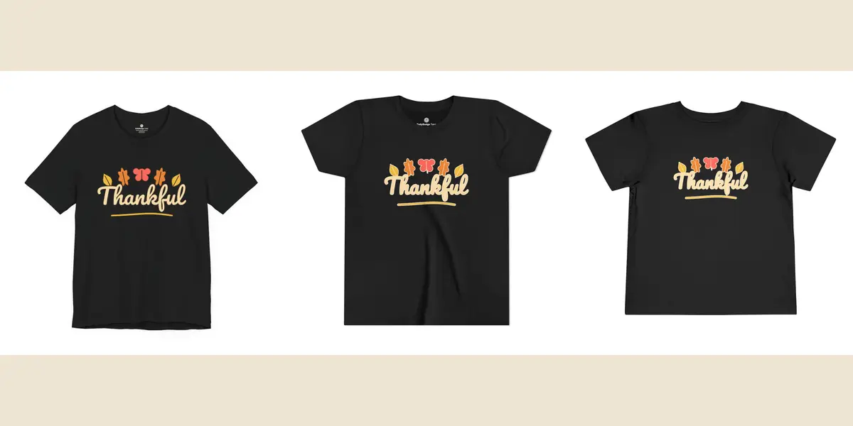 Thankful family set in black: adult tee, youth tee and toddler tee with fall leaves
