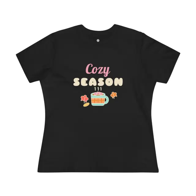 Women's Cozy Season fitted tee in black with a pink script and a warm mug
