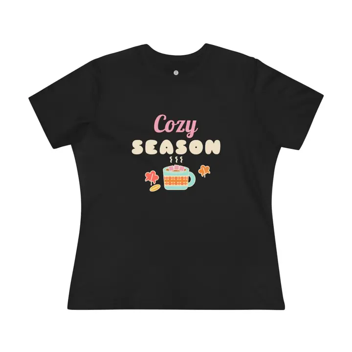 Women's Cozy Season fitted tee in black with pink script and a warm mug